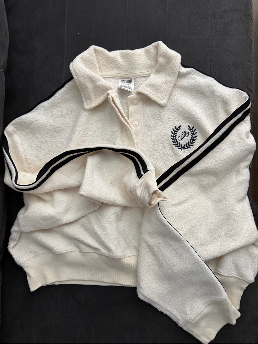PINK Cream Terry Polo Sweatshirt with Black Stripe Detail